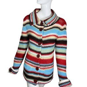 Laurie B. Large Wool Blend Preppy BIG Button Pocket Stripe Sweater